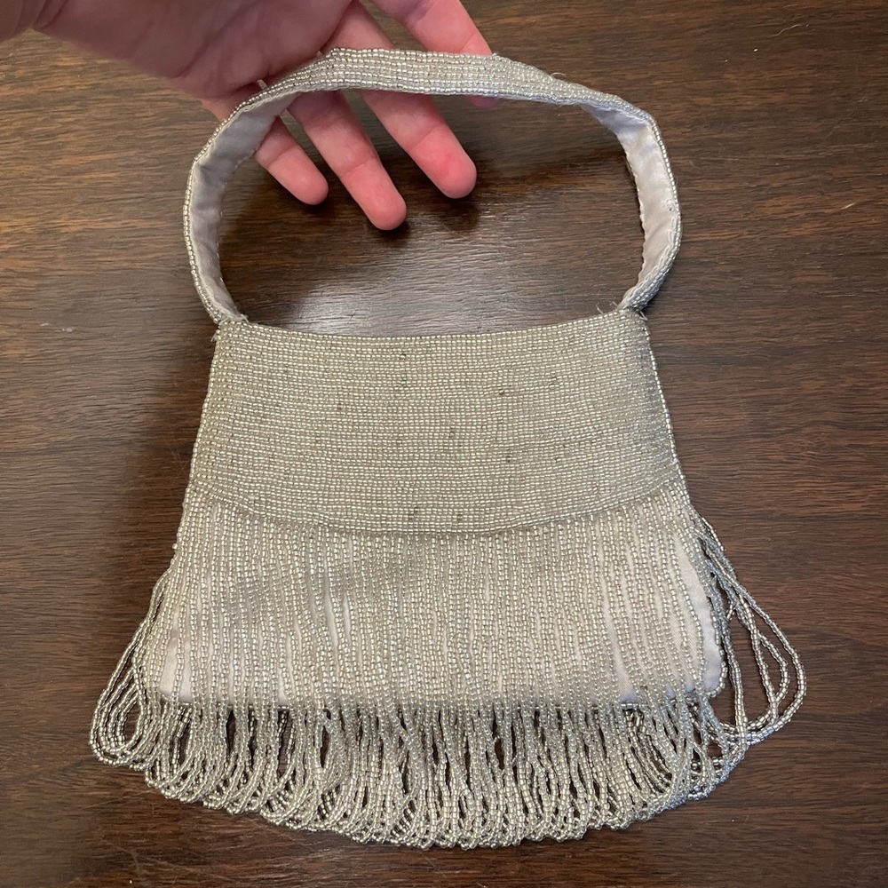 Silver Beaded Fringe Small Handbag/Wristlet by Cache